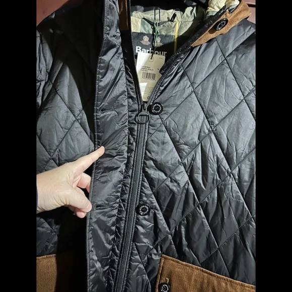 Barbour Mickley Quilted Jacket Black/Ancient Brown Corduroy Size 1X - NWT
